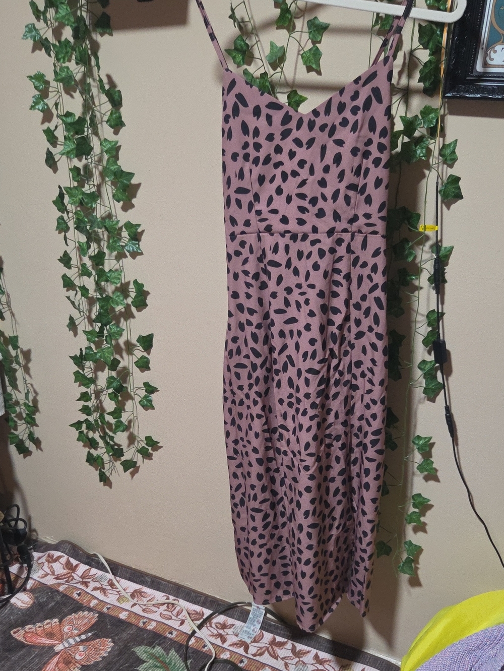 SHEIN Mauve Slip Midi Dress with Black Leaf Print
